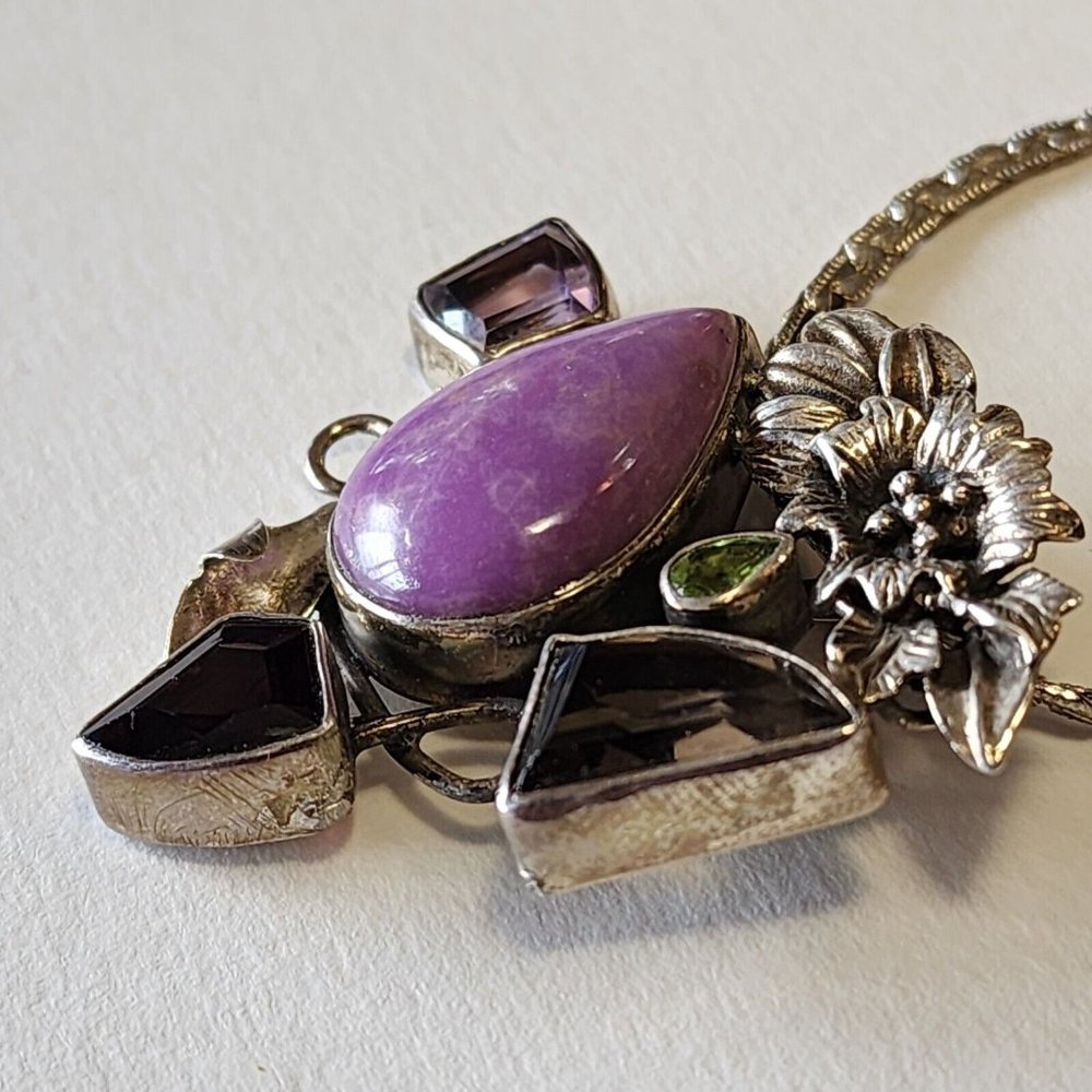 Vintage Sterling 925 Pendant Semi-precious Stones Floral Silver Work With 24... - Picture 5 of 16